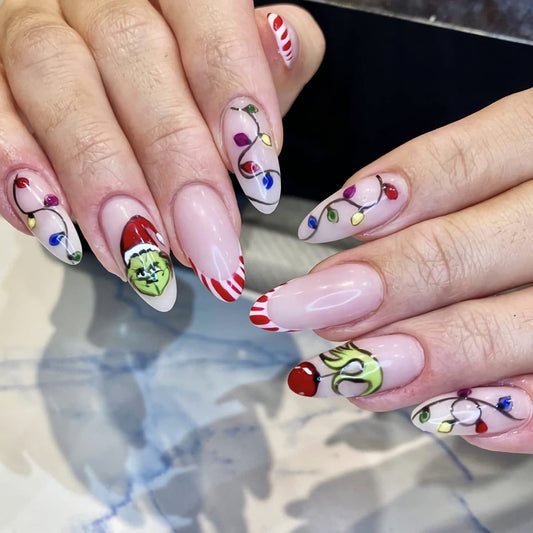 Christmas Press on Nails Short Almond Fake Nails with Design Full Cover Acrylic Nails Winter False Nails with Glue Cute Xmas Artificial Nails Nail Decorations for Women Girls