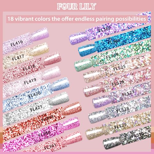 Reflective Glitter Gel Nail Polish Set, 18 Colors Including Pink Red Silver Holographic Gel Kit UV LED Soak Off Nail Polish Home DIY Manicure Salon Varnish