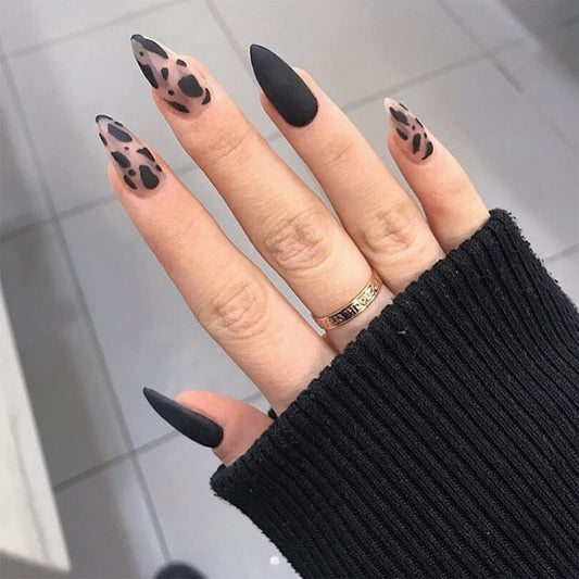 DOUBNINE 24PCS Press on Nails Long Stiletto Almond Black Leopard Cow Print Matte Dot Ballerina Fake Nails Acrylic Full Cover Luxury False Nails for Women