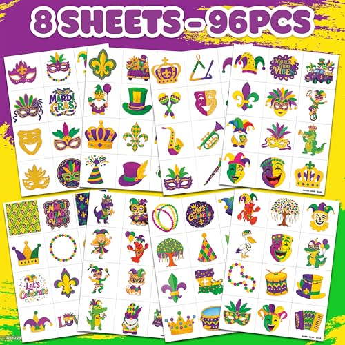 96 Mardi Gras Temporary Tattoos for Kids & Adults