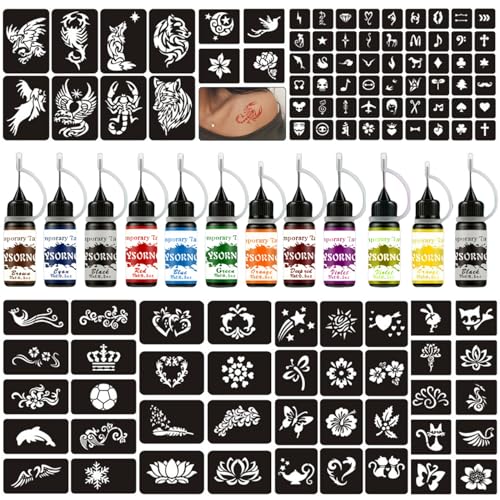 Temporary Tattoo Kit - 11 Colors, 107 Stencils, Non-Toxic