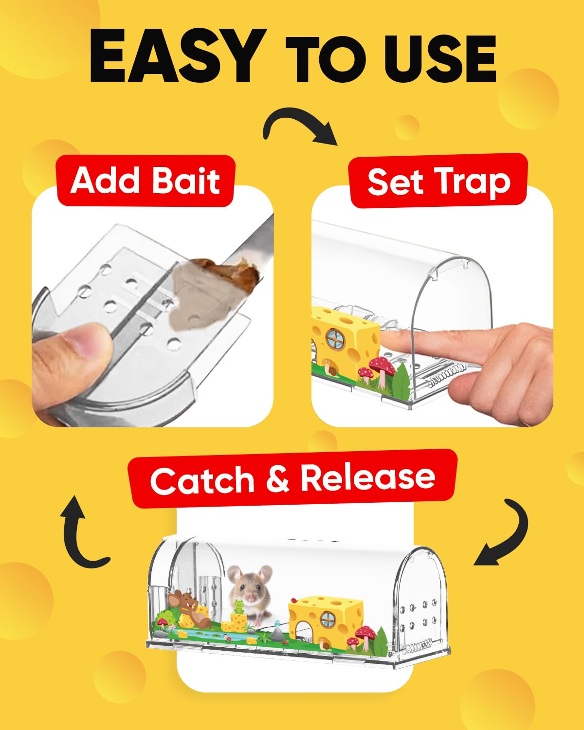 Motel Mouse Humane Mouse Traps No Kill Live Catch and Release 4 Pack - Reusable, Easy to Use & Clean, No Touch Release, Sensitive Includes Cleaning Brush, Instruction Manual & Video - Mousetrap Indoor