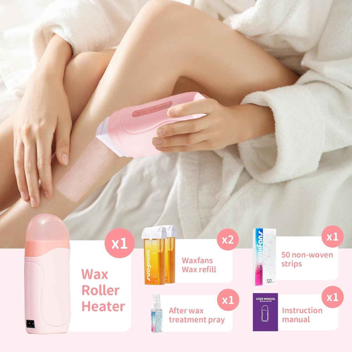 Wax Roller Kit- Easy Use Roll on Wax Kit with 4-6 Weeks Smooth Skin,Hair Remover for Larger Areas of the Body, Beginner-Friendly,with 50 Pcs Strips and 2 wax roller (Honey-2)