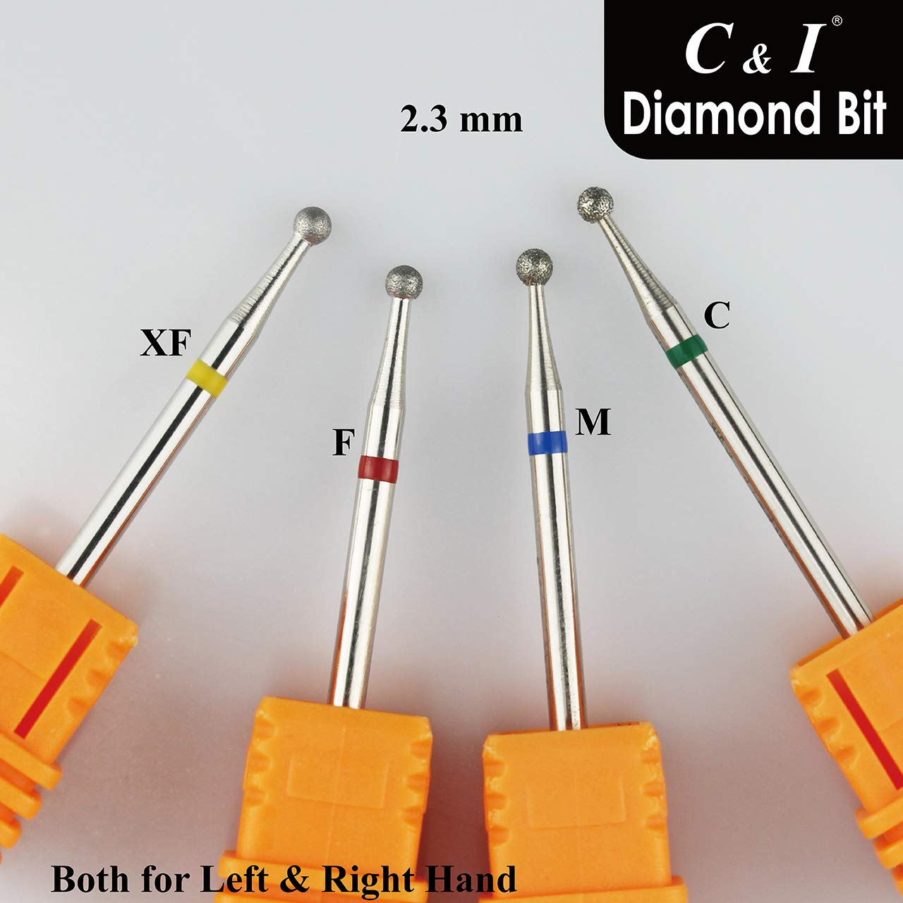 C & I Diamond Nail Drill Bit, Ball Shape Head E-File, Professional Cuticle Clean Drill Bit, Improved Diamond Powder plus Tungsten Carbide Shank 3/32” (2.35 mm) (2.3 mm, Coarse -C)