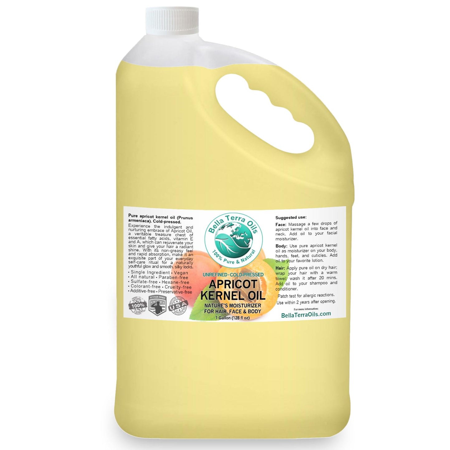 Bella Terra Oils Apricot Kernel Oil – 1 gallon, Lightweight, Nourishing, Silky Finish, Hair & Skin Radiance