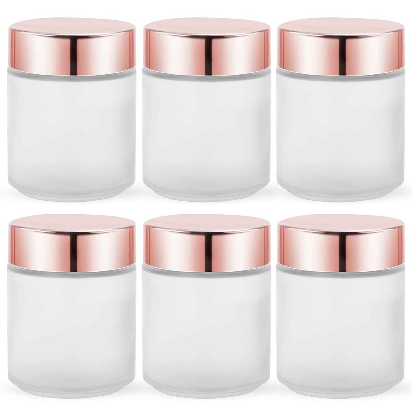 Furnido 6 Pack 8 oz Frosted White Round Glass Jars,Empty Glass Cosmetic Jars with Rose-Golden Lids,Inner Liners for Lotion,Powders,Ointments,Body Butter,Candle Making
