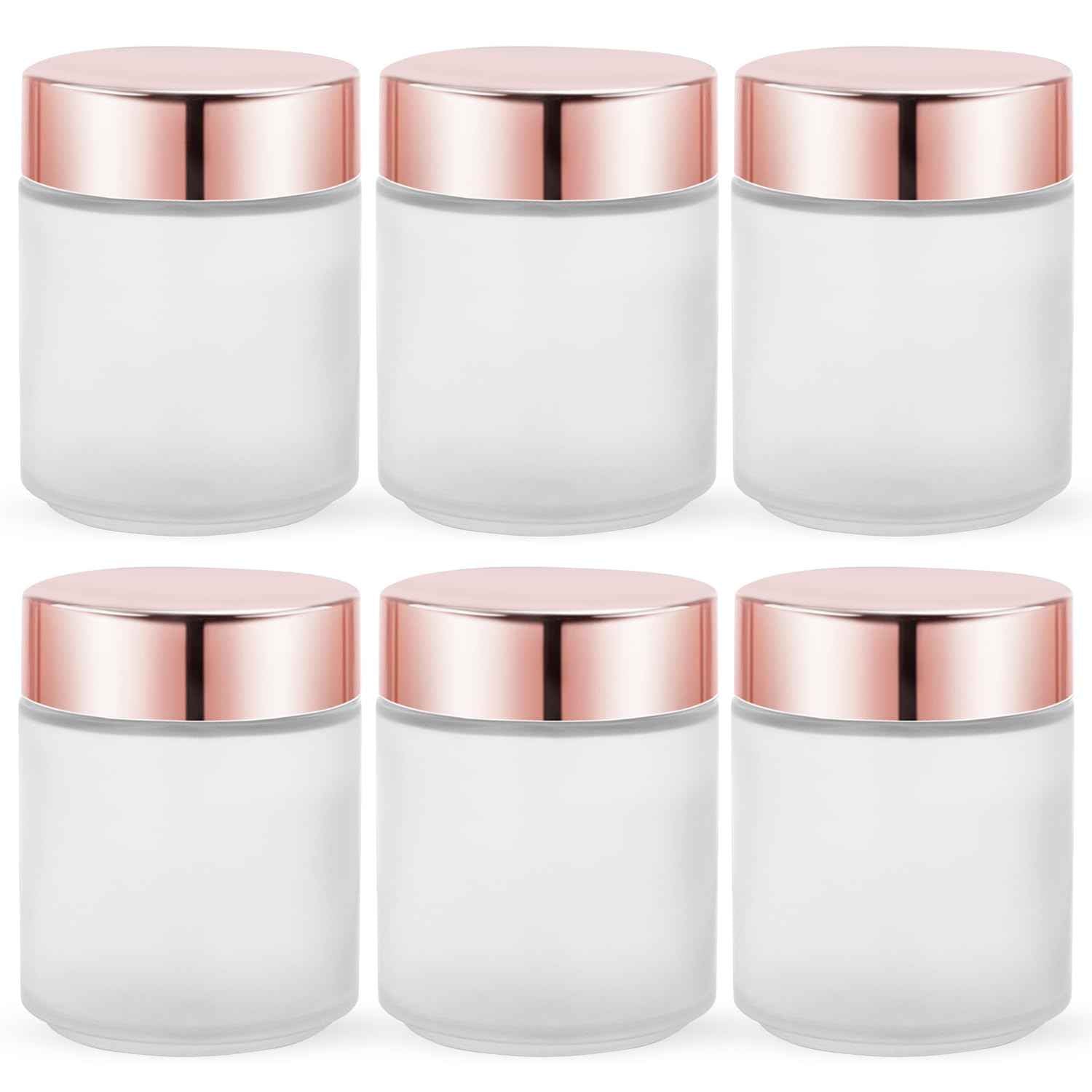 Furnido 6 Pack 8 oz Frosted White Round Glass Jars,Empty Glass Cosmetic Jars with Rose-Golden Lids,Inner Liners for Lotion,Powders,Ointments,Body Butter,Candle Making
