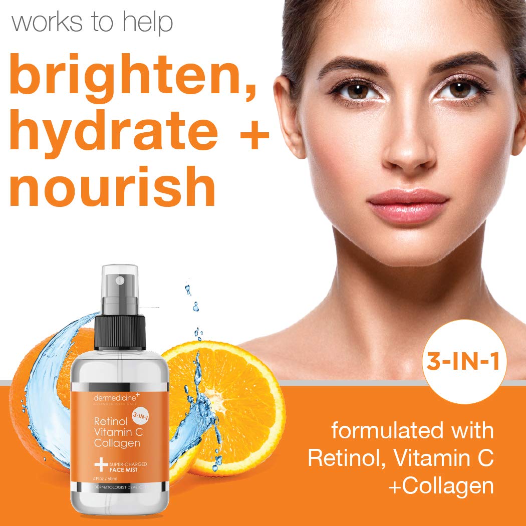 3 in 1 Super-Charged Anti-Aging Face Mist w/Retinol, Vitamin C + Collagen | Hydrates, Refreshes & Brightens for a More Glowing Complexion | 4 fl oz, 120 ml