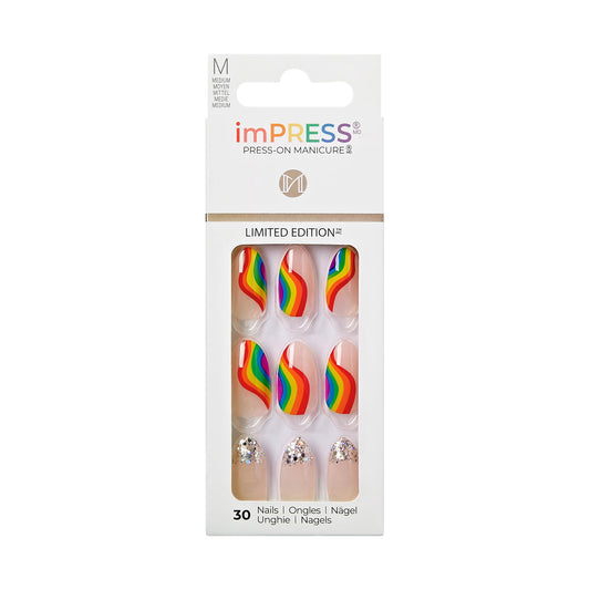 KISS imPRESS No Glue Mani 30 Pcs Premium Press On Nails, Rainbow, Glitter Tip, Medium Size, Almond Shape, Simple Peel & Press Easy Apply, Hassel-Free Removal, Essential Tools Included