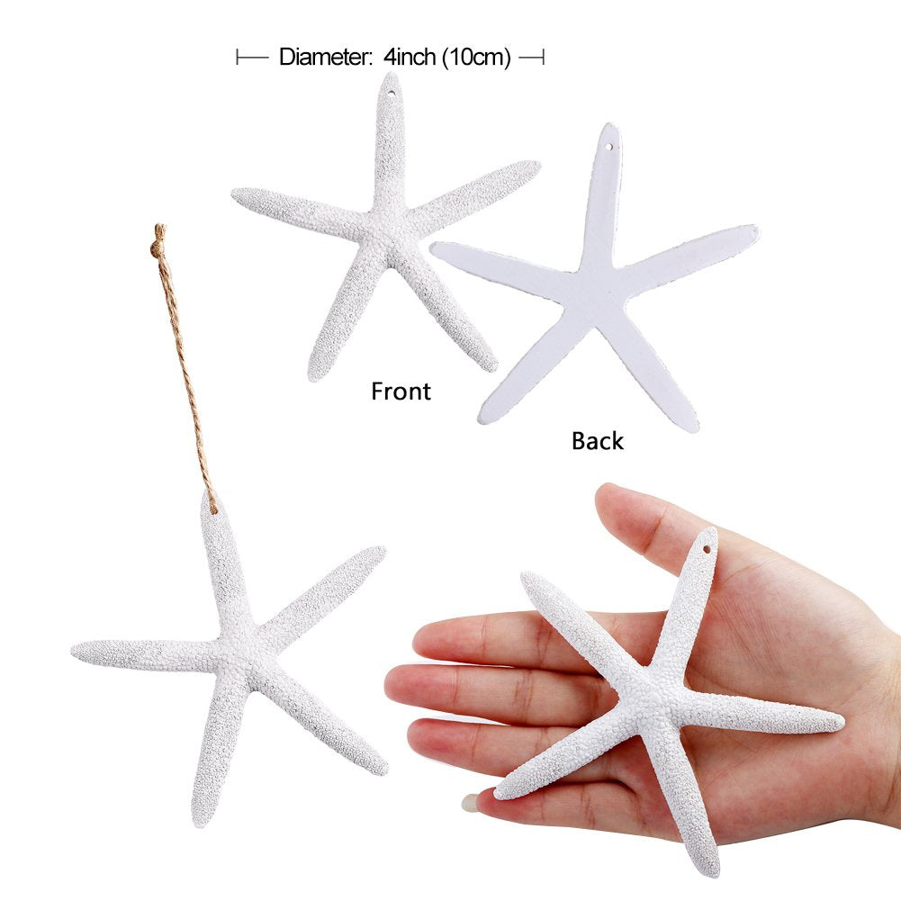 OurWarm 30pcs Resin Pencil White Starfish Decor for Weddings, Dried Hanging Starfish Christmas Tree Ornaments with Hemp Rope for Home and Craft Projects, 4-Inch