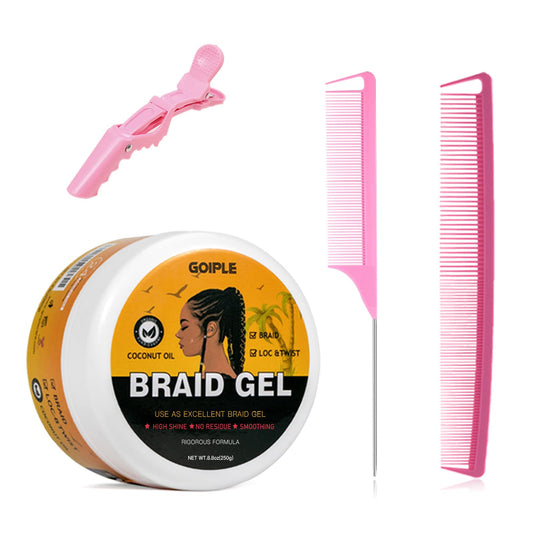 Goiple Strong Hold Braid Gel Good for Twist, Locs, Braids, Edge No Flake Extra Hold High Shine Braiding Gel & Edge Control 8.8oz with Hair Combs