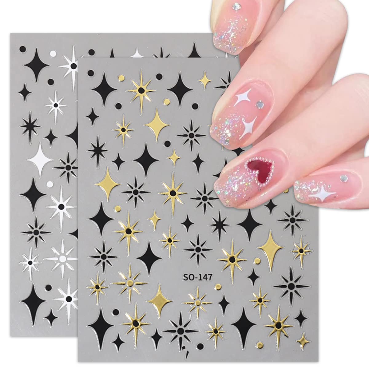 6 Sheets Sun Star Nail Art Stickers Bronzing Moon Nail Decals 3D Self-Adhesive Heart Nail Stickers Rose Gold Sliver Starlight Moon Star Nail Designs Sticker for Women DIY Acrylic Nail Art Supplies