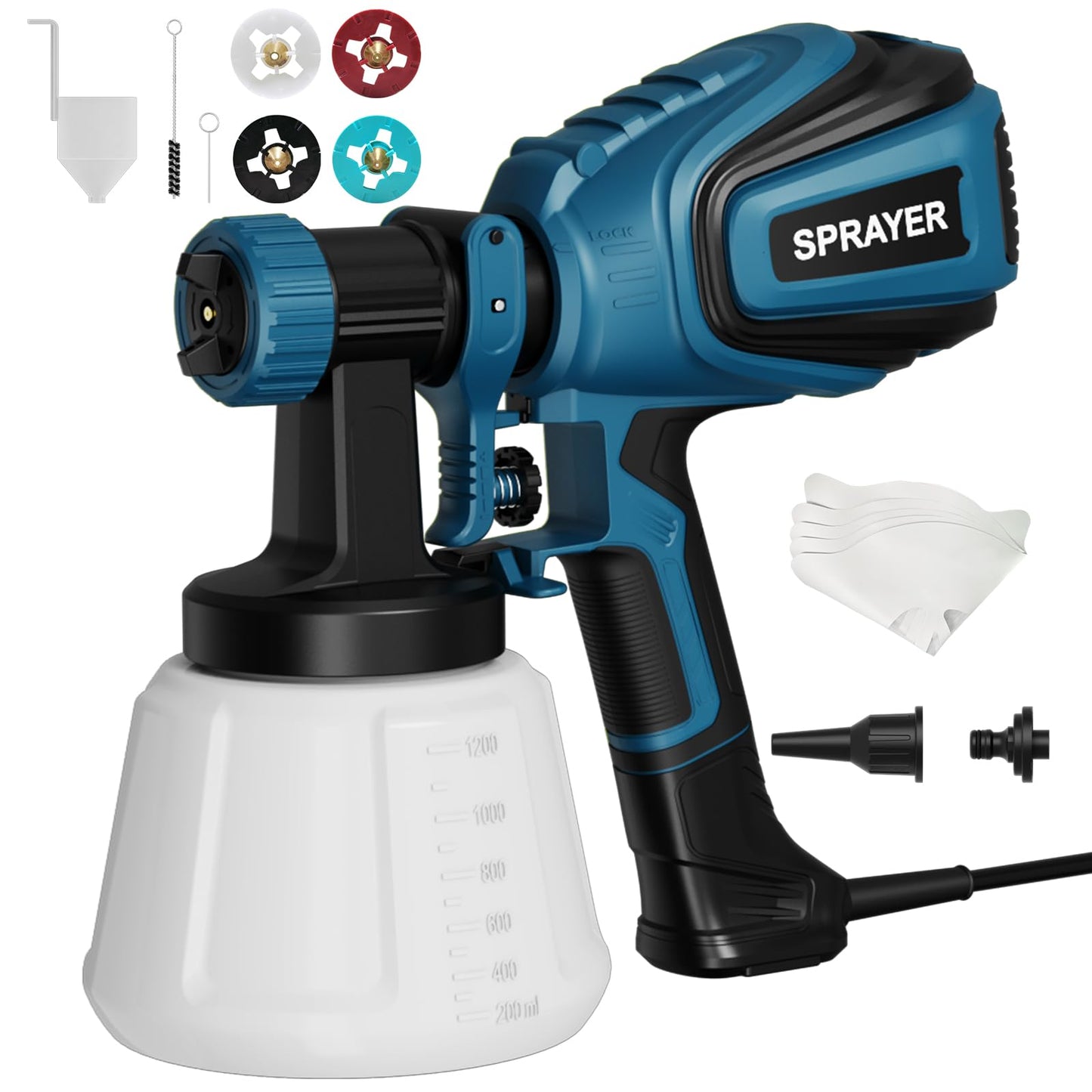 VONFORN Paint Sprayer, 700W HVLP Spray Gun with Cleaning & Blowing Joints, 4 Nozzles and 3 Patterns, Easy to Clean, for Furniture, Cabinets, Fence, Walls, Door, Garden Chairs etc. VF803 Blue