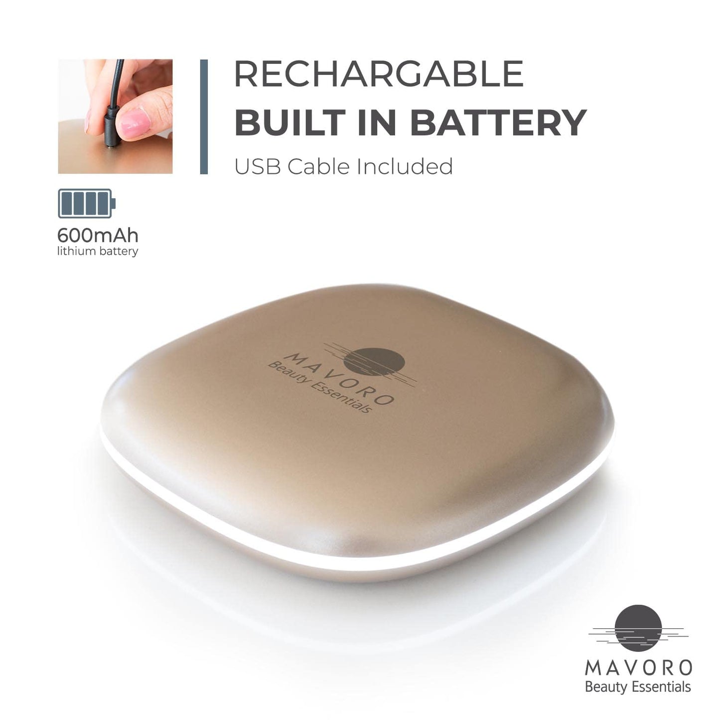 Mavoro LED Lighted Travel Makeup Mirror, Rechargeable, 1x/10x Magnification (Champagne Gold)