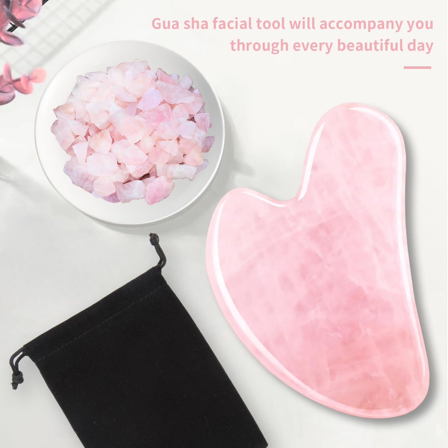 FUIYOOCEN Gua Sha Facial Tools, Natural Rose Quartz Guasha Tool for Face,Double Chin & Jawline, Gua Sha Stone Self-Skin Care Face Stone Gua Sha tools for Women Guasha Stone, Pink