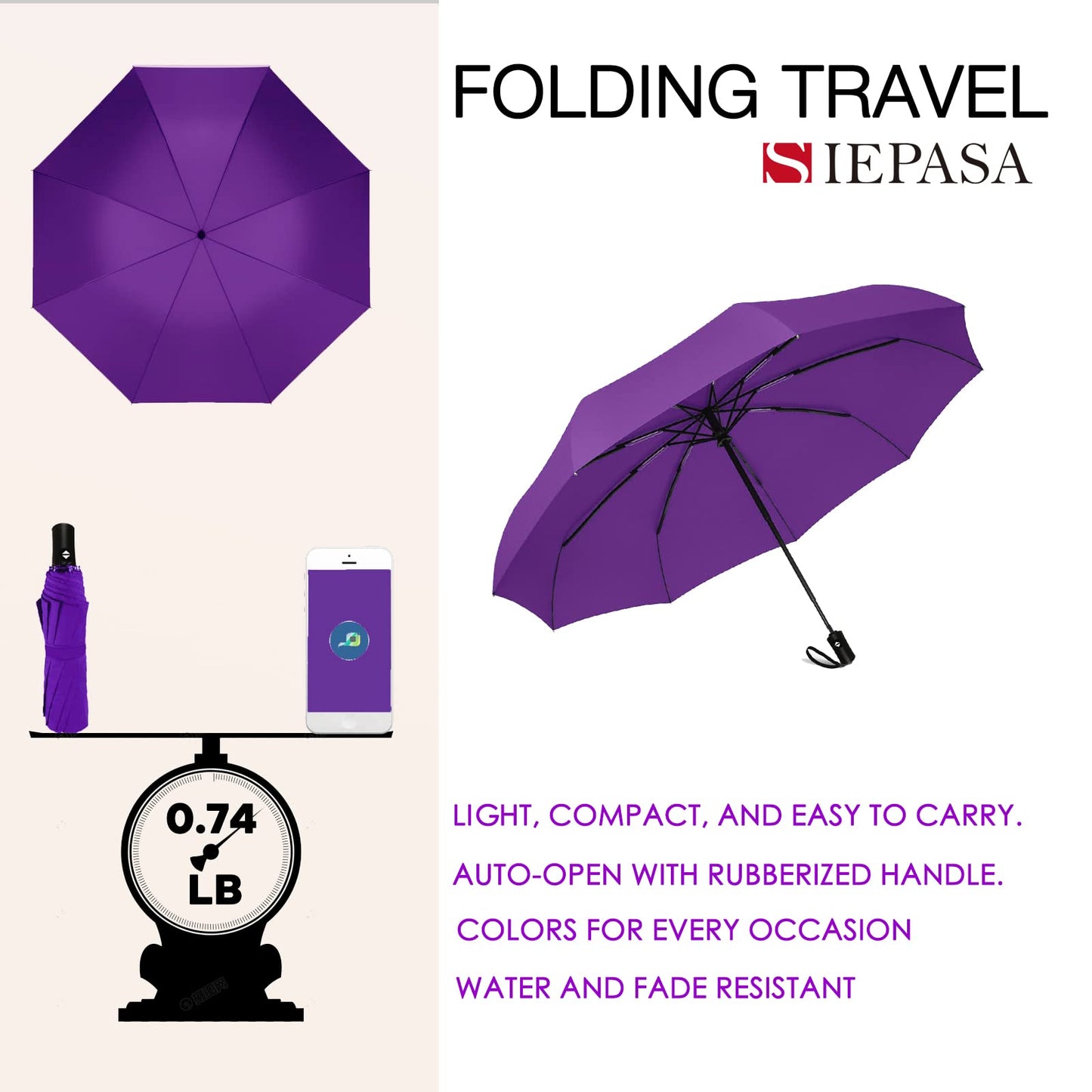 SIEPASA Windproof Travel Compact Umbrella-Automatic Umbrellas for Rain-Compact Folding Umbrella, Travel Umbrella Compact, Small Portable Windproof Umbrellas for Men Women Teenage. (Purple)