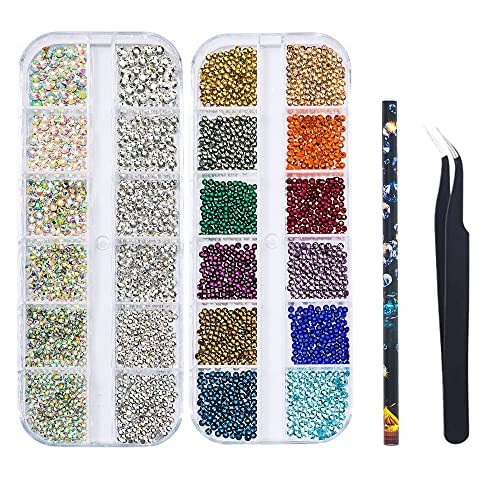 6Grids 3000Pcs Flatback Rhinestones, Champagne Color Nail Gems Crystals Jewels, Craft Glass Diamonds Stones Bling Rhinestone with Tweezers and Picking Pen for Nail Face Makeup(1.8mm~4mm Crystal)