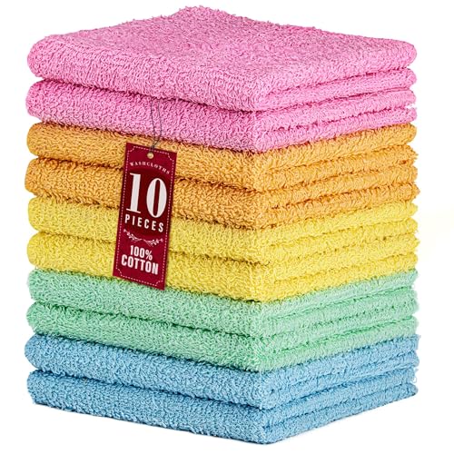 Cotton Washcloths 12x12 in, 10 Pack, Assorted Colors