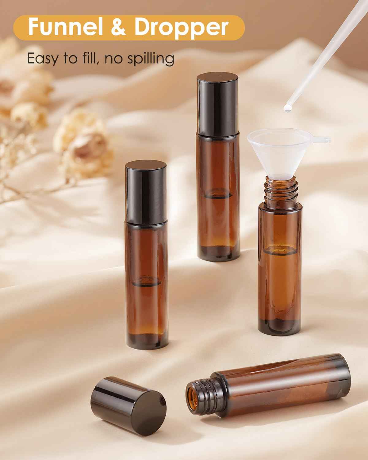 Worldgsb 25 Pack Essential Oil Roller Bottles, 10ml Refillable Amber Glass Roller Bottles with Stainless Steel Roller Balls and Caps for Travel, Perfume and Lip Gloss