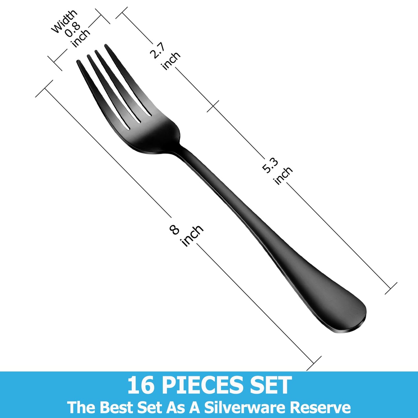 16 Piece Black Dinner Forks Set, Food-Grade Stainless Steel Silverware Forks, Cutlery Forks, Metal Forks for Home, Kitchen or Restaurant, Mirror Polished, Dishwasher Safe - 8 Inch