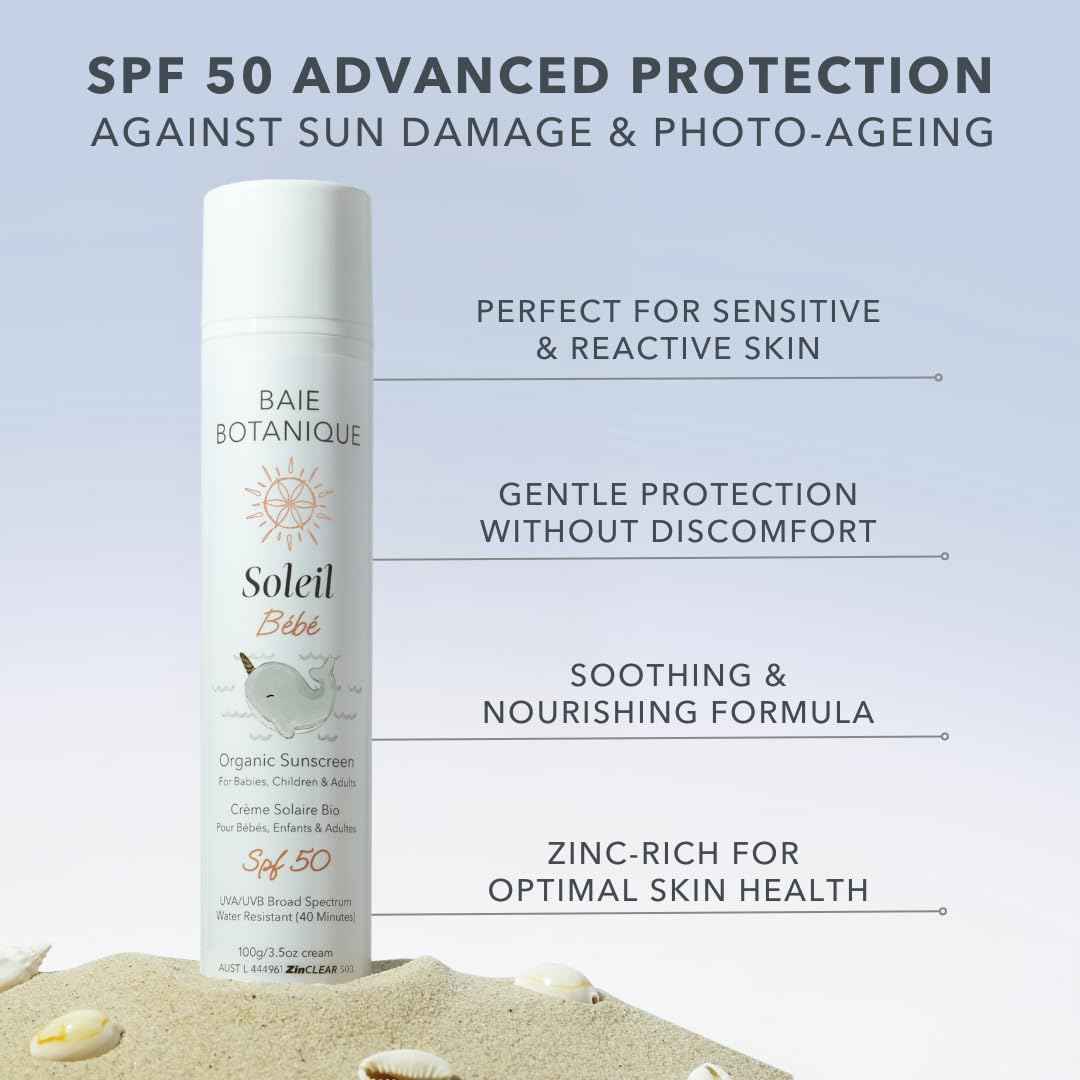 Baie Botanique Soleil Bébé - Organic Non-Toxic Mineral Baby Sunscreen SPF 50 - Sunflower & Jojoba - Unscented - Natural - Vegan - No White Cast - Reef Safe - UVA/UVB - 100g