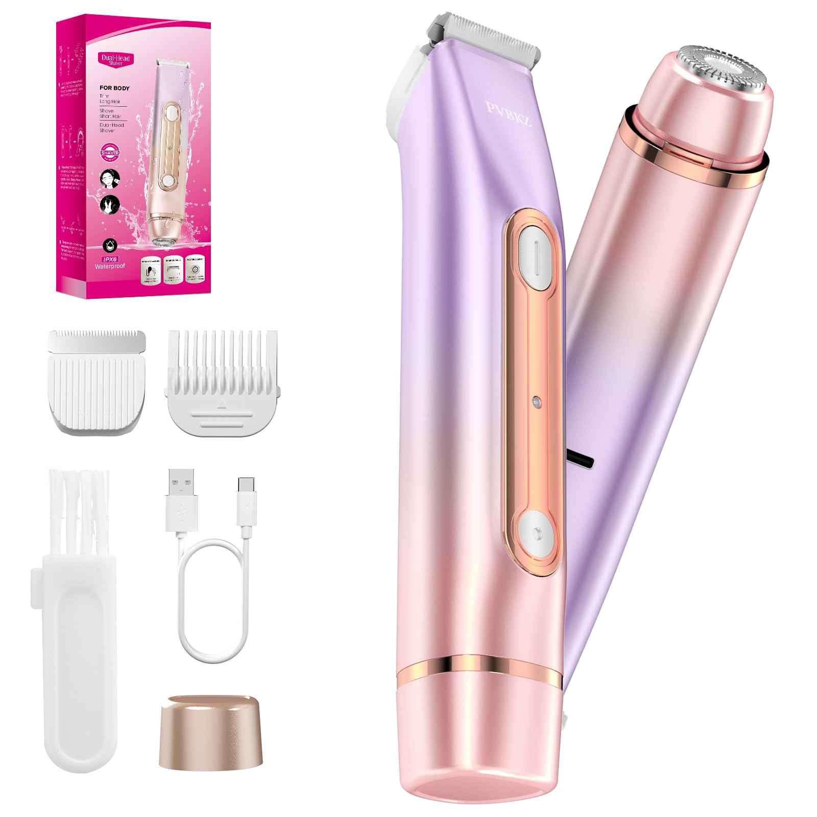 Bikini Trimmer for Women, 2-in-1 Painless Electric Razor for Body and Pubic Hair, IPX7 Waterproof Shaver with Dual Heads - Rechargeable Lady Trimmer for Bikini, Underarm, and Leg (Coral Purple)
