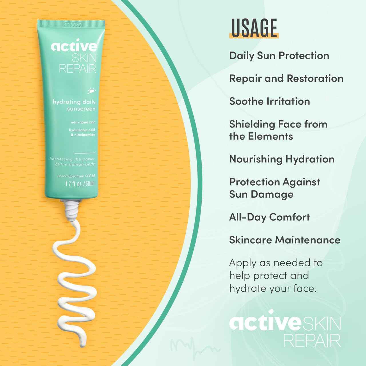 Active Skin Repair SPF 50 Hydrating Daily Sunscreen and Face Moisturizer, Non-Nano Zinc, Non-Toxic Broad Spectrum Protection Hydrating Mineral Facial Sunscreen, 1.7 fl. oz.