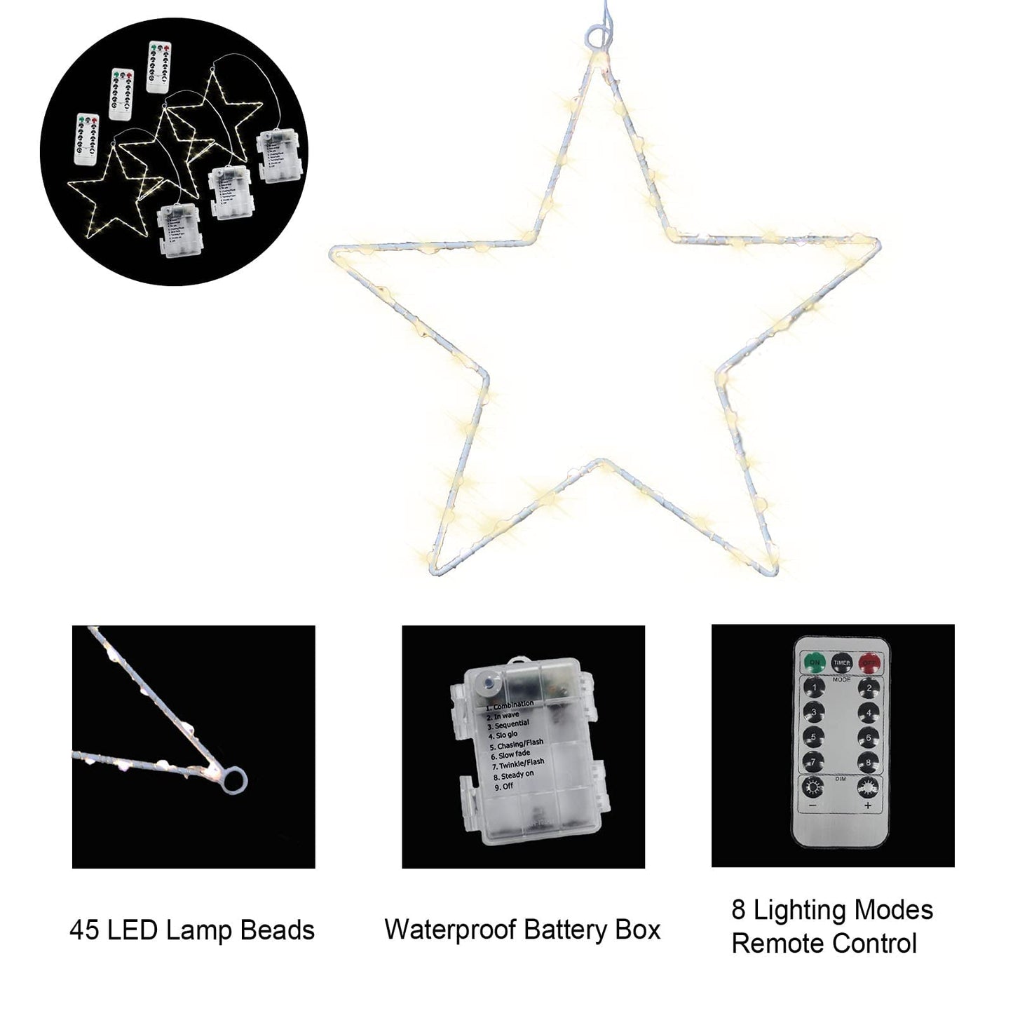 Christmas Star Window Lights 3 Pack Christmas Light Battery Operated, 45 LED Star Iron Frame Light with 8 Lighting Modes & 3 Remote Controls for Outdoor, Indoor, Party Decorations