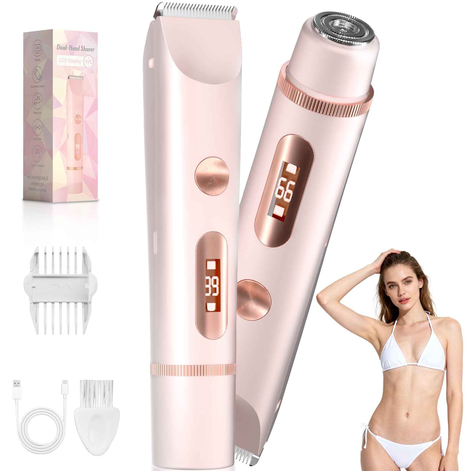 Fanovae Dual-Head Bikini Trimmer for Women – 2-in-1 Electric Razor, IP67 Waterproof Wet & Dry Pubic Hair Trimmer, Face & Body Shaver with LED% Display, USB-C Rechargeable-X1 Pro Petal Pink