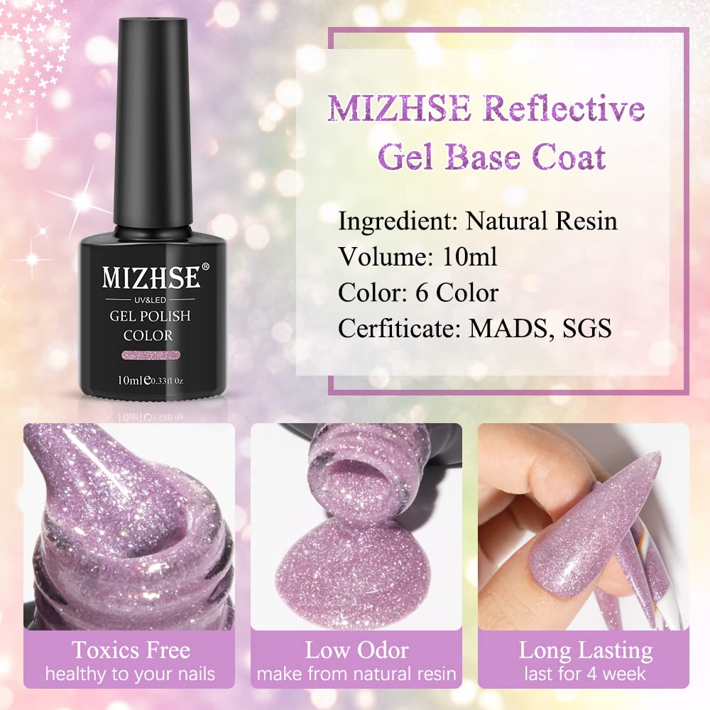 MIZHSE Reflective Base Nail Polish Gel 10ml, 2 In 1 Glitter Shiny Rubber Base Gel Nail Art Soak Off Shimmery Manicure Set for Home Salon 6 Pcs