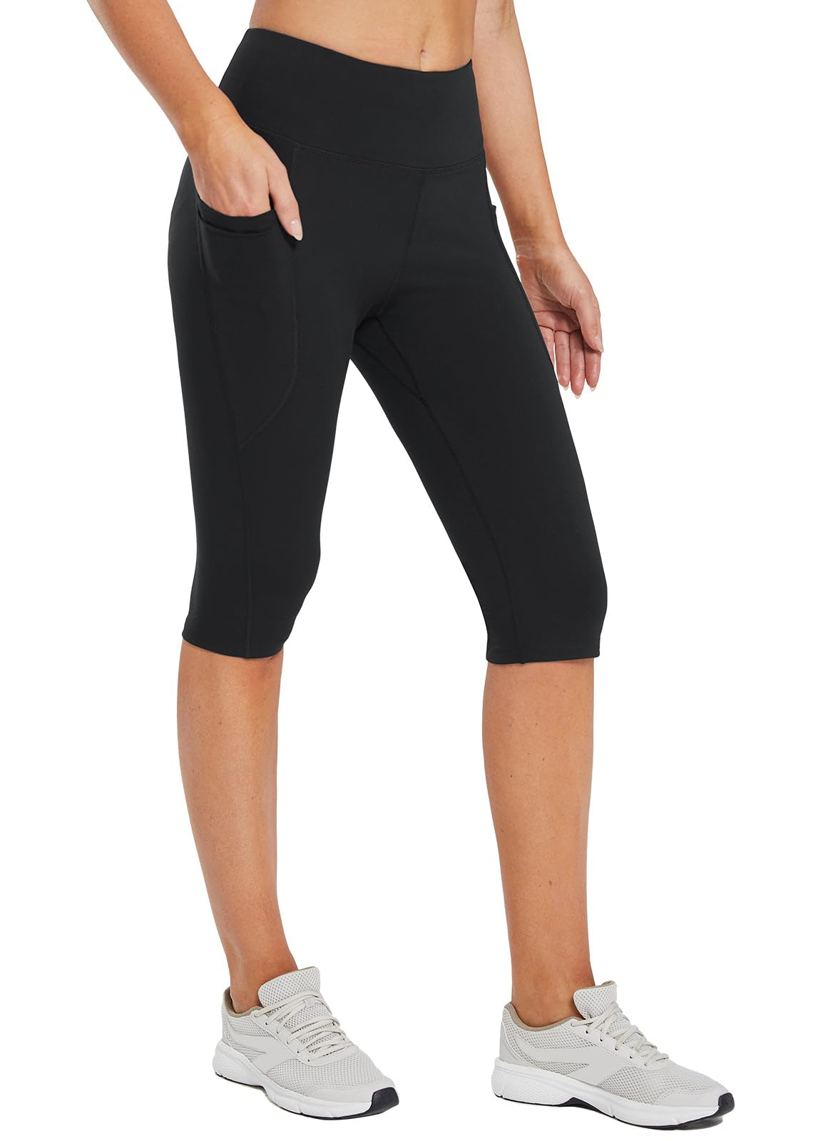 BALEAF Women's Capri Leggings Knee Length High Waisted Soft Yoga Casual Workout Exercise Capris with Pockets Black XS