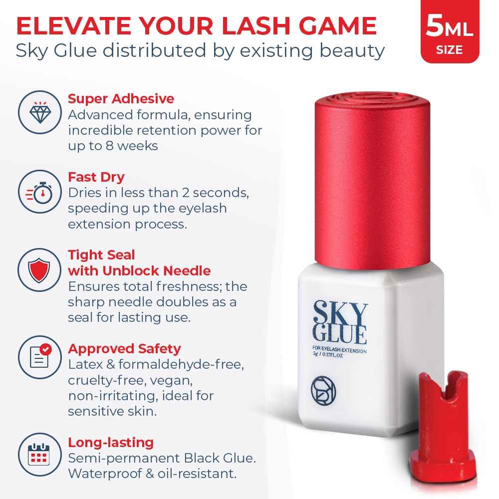 Sky Glue S+ Eyelash Extension Glue - Extra Strong Lash Extensions Adhesive Bond with 6-7 Weeks Retention and 1-2 Sec Dry Time, Long Lasting Semi Permanent Black Glue - 5 ml
