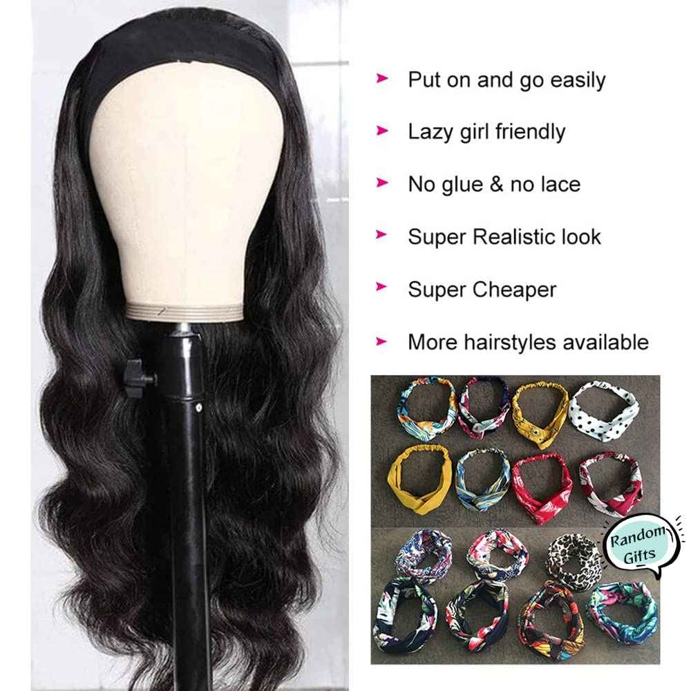 feibin Headband Wig Human Hair Wigs for Black Women Human Hair Headband Wig Body Wave 12 Inch Wear and Go Wigs Glueless Human Hair Wig Machine Made None Lace Front Wig Natural Color 150% Density