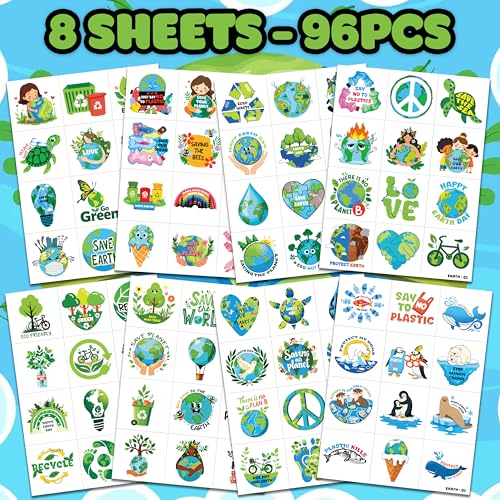 96 PCS Earth Day Environment Pre-Cut Temporary Tattoos for Kids | Super Cute Themed Birthday Party Favors, Supplies, Decorations, Fake Tattoo Stickers, School Rewards Prizes & Gifts Boys & Girls
