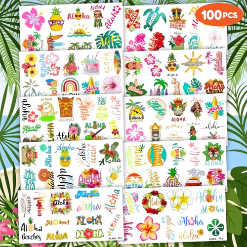 100 PCS Hawaiian Tropical Temporary Tattoos - 10 Sheets
