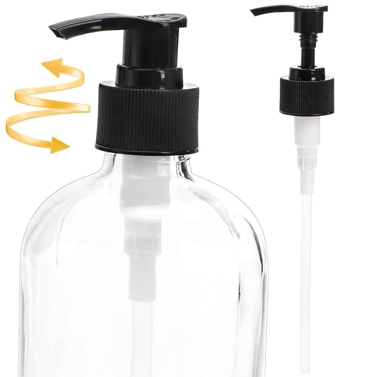 Yarlung 4 Pack 16 Oz Glass Pump Bottles, Clear Soap Dispenser with Pump Glass Empty Refillable Containers for Lotions, Shampoo, Body Wash, Liquid Soap, 4 Black Caps 6 Labels