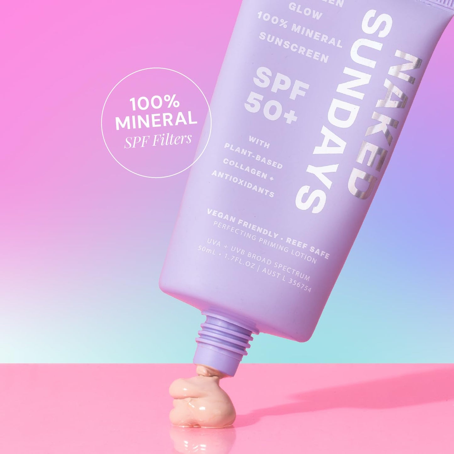 Naked Sundays SPF50+ Collagen Glow 100% Mineral Sunscreen, Hydrating 100% Mineral Sunscreen With Zinc Oxide, Vegan Collagen, Primer & A Sheer Tint for Healthy Glow (50ml)