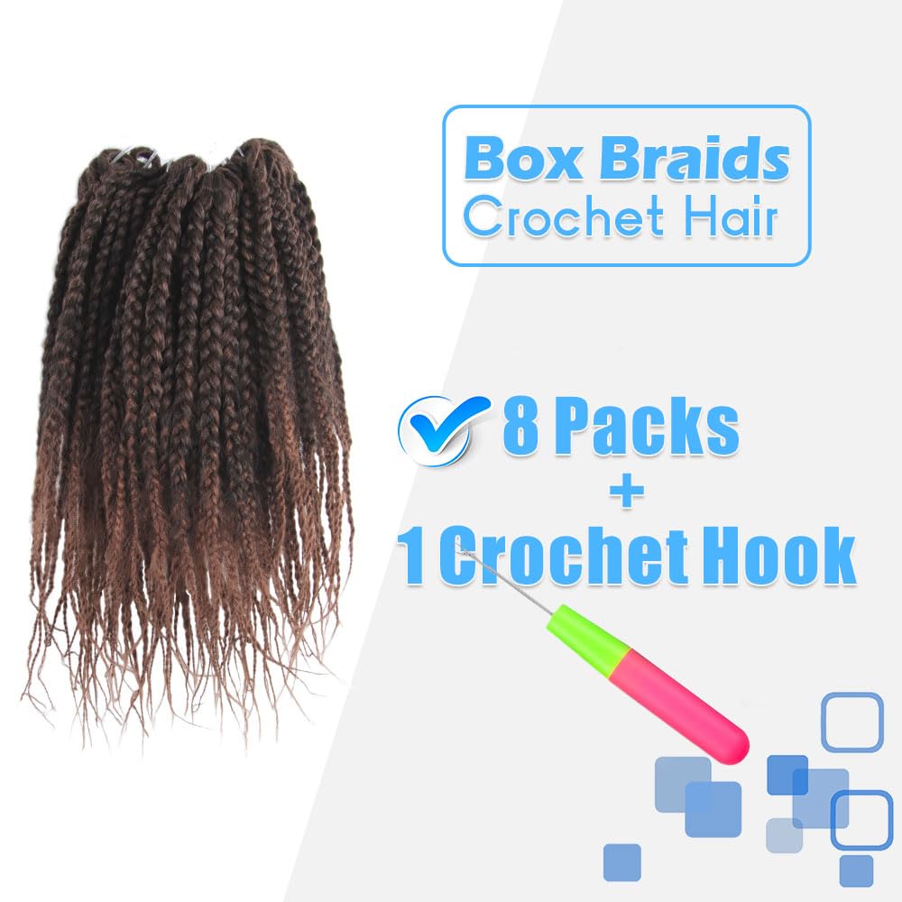 BOHOBABE Box Braids Crochet Hair 8 Inch 8 Packs Prelooped, Short 3X Knotless Crochet Box Braiding Hair (T30, Ombre Medium Dark Brown)