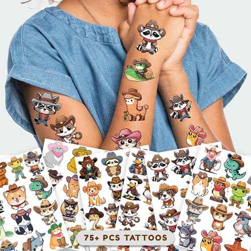 Cowboy Temporary Tattoos for Party Supplies, 75+ PCS Western Tattoo Themed Party Favors, Animal Tattoos Party Favor Activities, Wild West Waterproof Tattoos.
