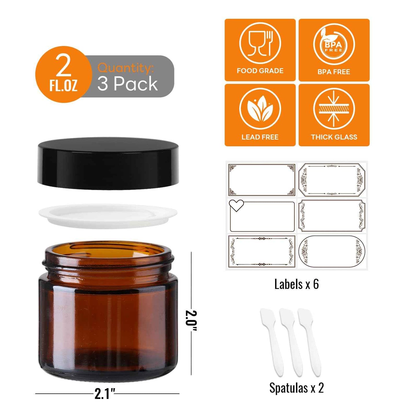 3 Pack 2 oz Amber Glass Jars with lids, Cosmetic Jars with Inner Liners and Black Lids, Lotion Jars, Candle Making Jars for Lotions, Scrubs and Cosmetic, Lables and Spatulas Include