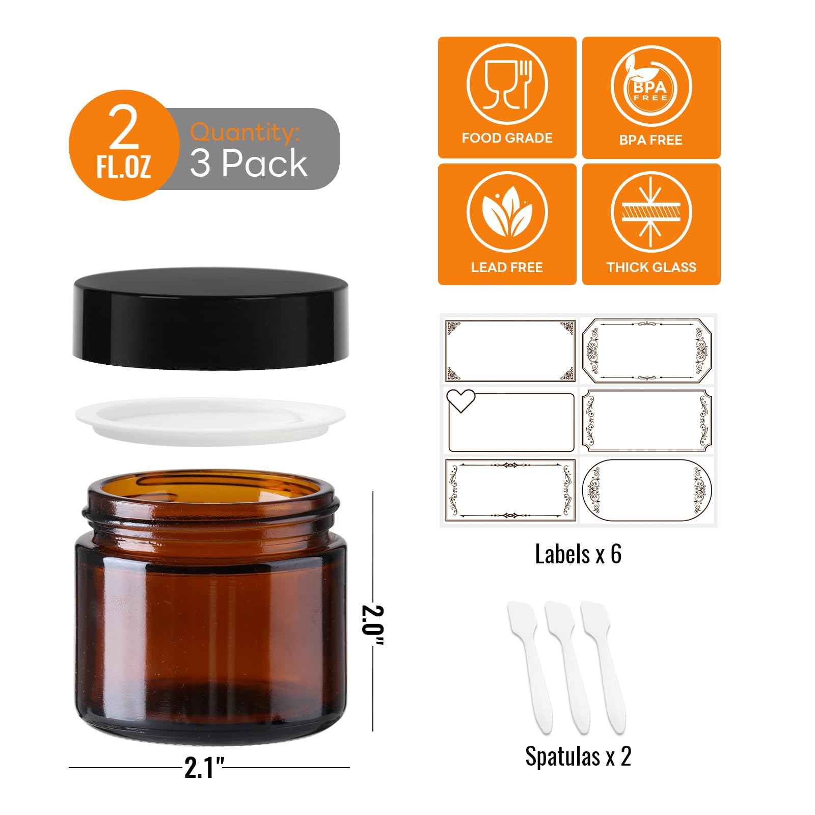 3 Pack 2 oz Amber Glass Jars with lids, Cosmetic Jars with Inner Liners and Black Lids, Lotion Jars, Candle Making Jars for Lotions, Scrubs and Cosmetic, Lables and Spatulas Include