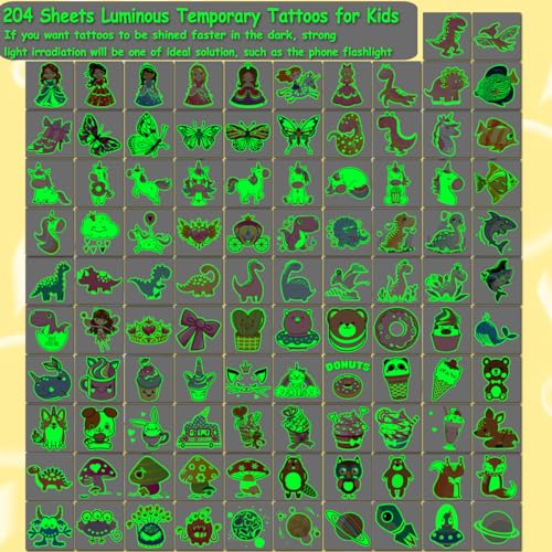 204 PCS Individually Wrapped Luminous Temporary Tattoos for Kids - Glow in The Dark Fun Tattoos for Boys Girls Birthday Party Favors Goodie Bag Fillers