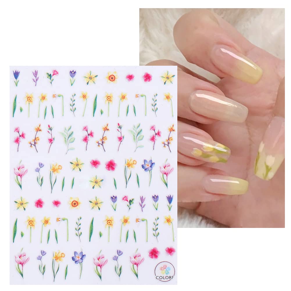 Flower Nail Art Stickers Decal,4 Sheets Tulip Nail Stickers for Nail Art,3D Elegant Spring Self-Adhesive Nail Supplies Flowers Floral Small Tulip Nail Designs for Women Girls Nail Art DIY Decorations