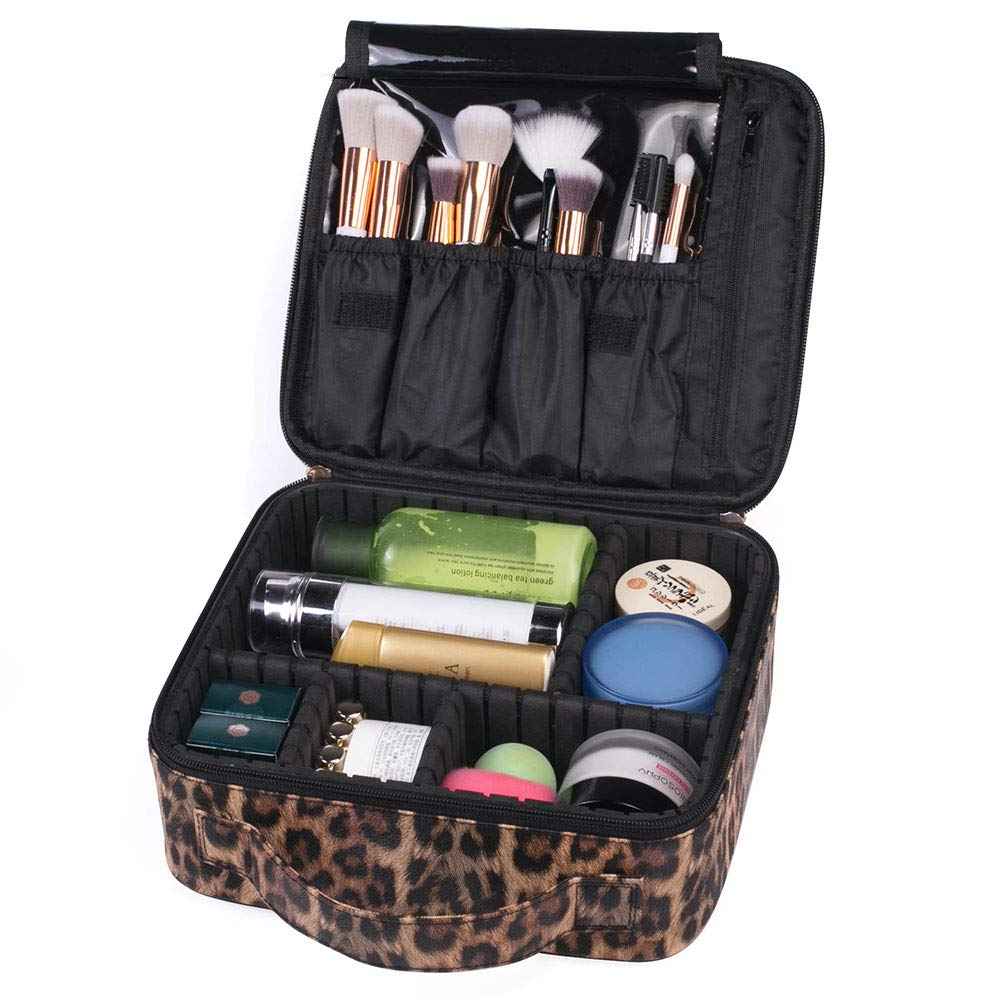 JUER Travel Makeup Train Case with Adjustable Dividers White Marble Makeup Organizer Bag Portable Cosmetic Storage Cases with Brush Holders (Leopard texture)