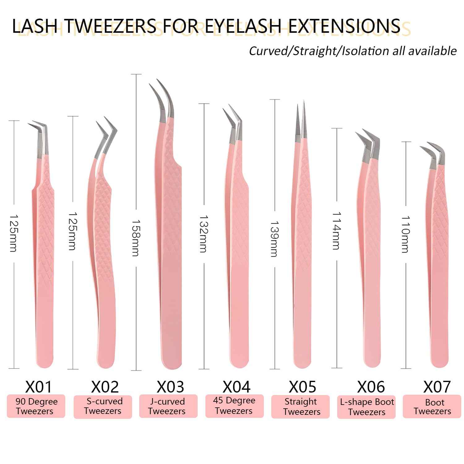 Lash Tweezers For Eyelash Extensions Fiber Tip Lash Tweezers Pink Straight/Curved Tweezer(Pink,X04)