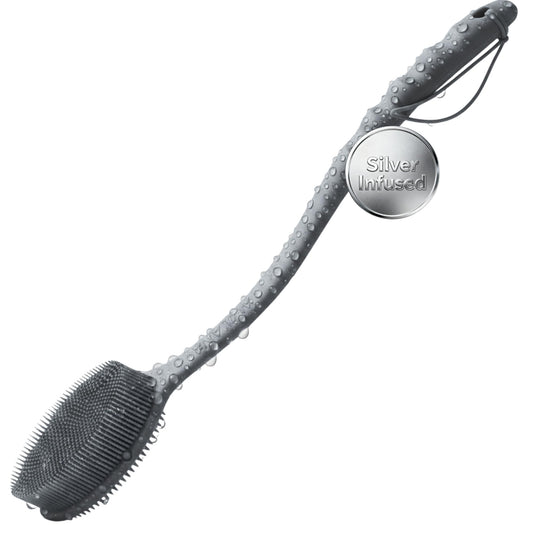 Silver Infused Long Handle Back Scrubber - 19 inch Premium Extended Reach Body Brush - Avilana Advanced Material Bath Tool Easy Grip - Luxury Body Wash Brush Gift