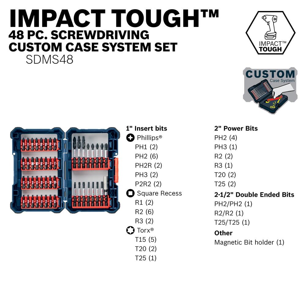 BOSCH SDMS48 48-Piece Assorted Impact Tough Screwdriving Custom Case System Set for Screwdriving Applications