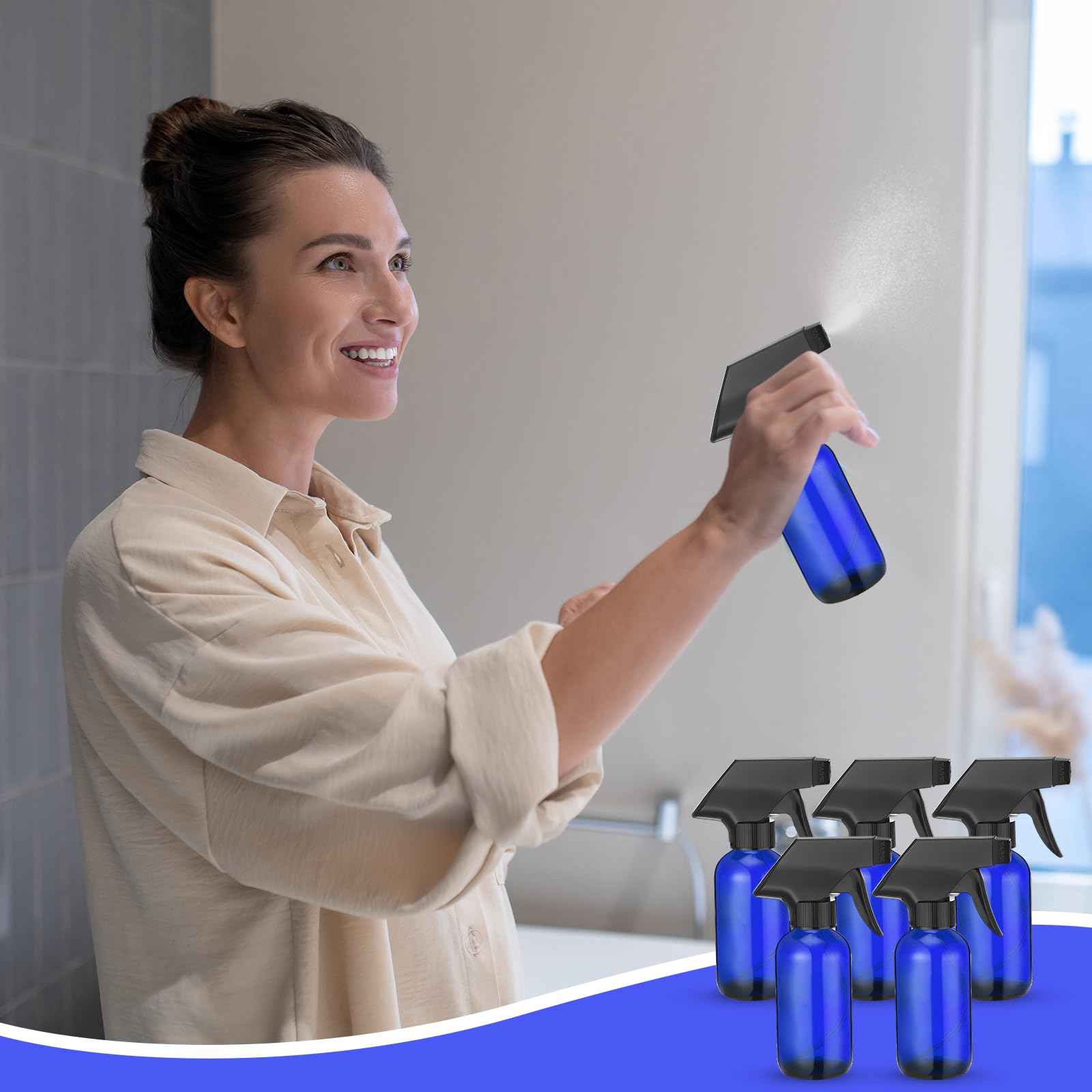 Fumete 20 Pcs 4 oz Glass Spray Bottles Empty Refillable Sprayer Containers with Funnels Labels Black Trigger Sprayers Spray Bottles for Essential Oil DIY Kitchen Hair Plants(Blue)