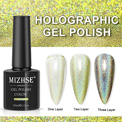 MIZHSE Green Holographic Gel Nail Polish, Laser Gel Nail Polish with Glitter Glossy Mermaid Unicorn Effect, Curing Required Nail Art Manicure Salon DIY at Home, 1PC 10Ml