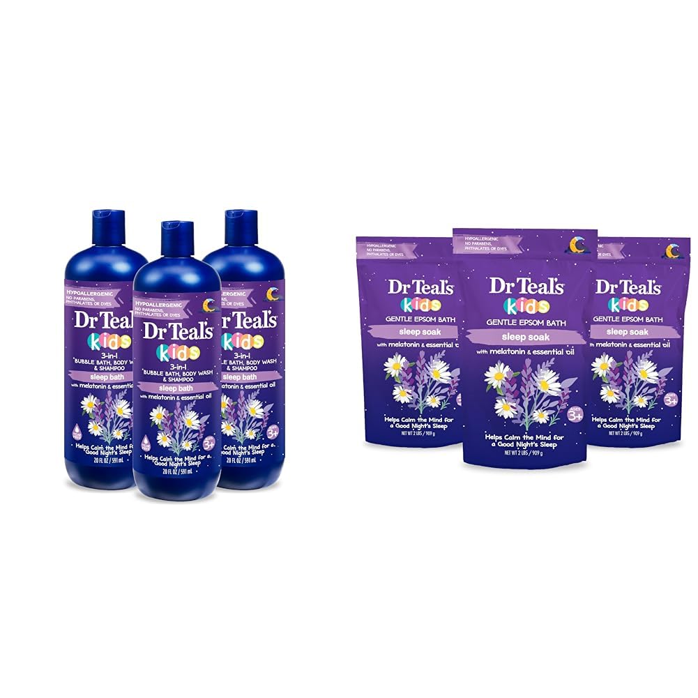 Dr Teal's Kids 3-in-1 Sleep Bath (Pack of 3) & Gentle Epsom Salt Sleep Soak with Melatonin & Essential Oil Blend (Pack of 3) Bundle